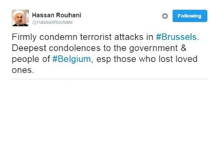 توئیت روحانی در مورد انفجارهای بروکسل: محکوم کردن تروریست‌ها و تسلیت به مردم بلژیک